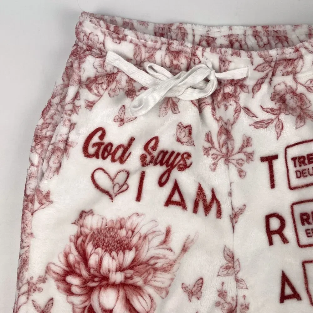 Personalized Red White Fleece Womens M Bible Verses PJ Pants TRACIE Christian